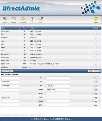 DirectAdmin schermafbeelding